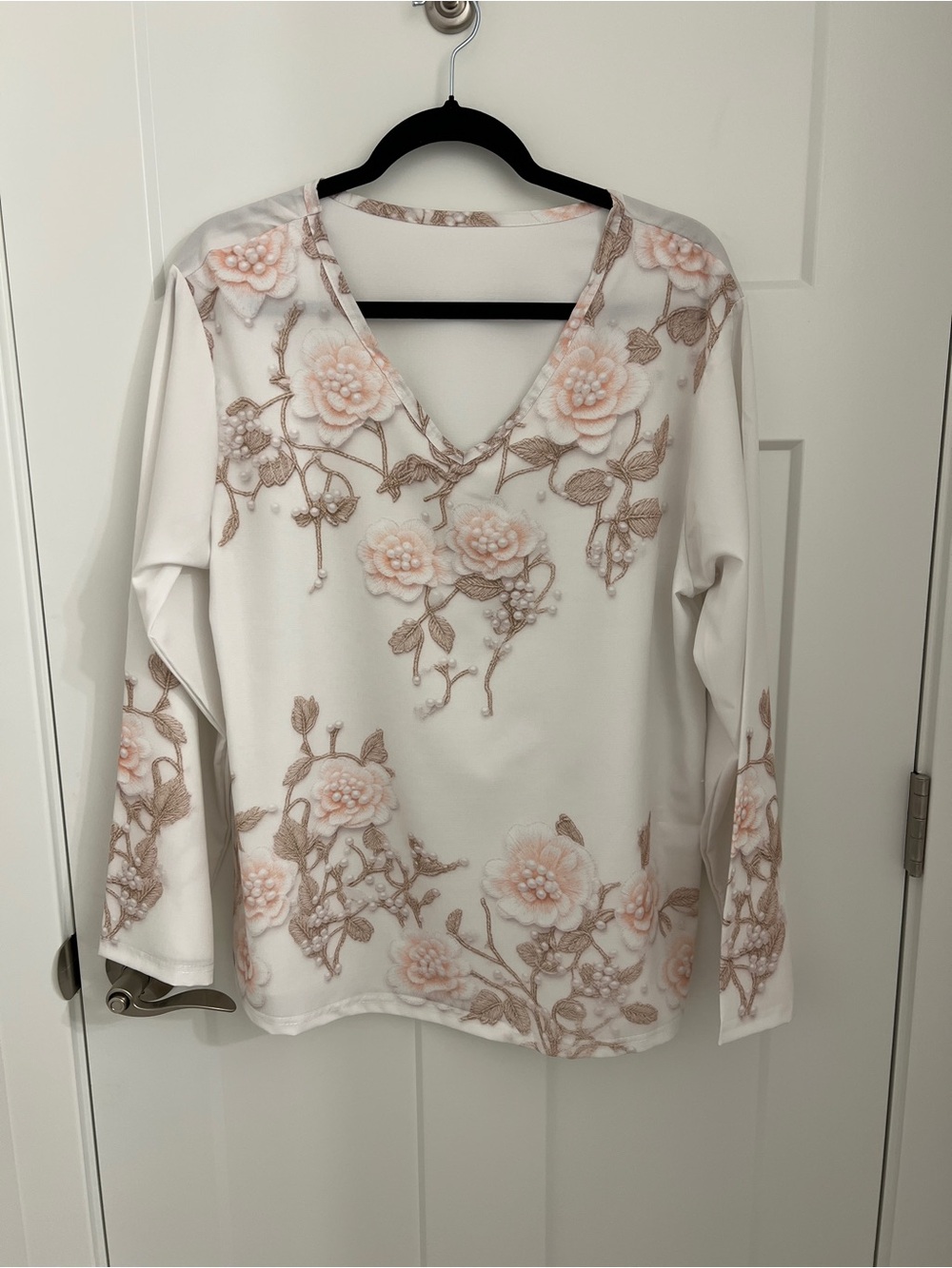 Women's Cream V-Neck Floral Embroidered Look Top